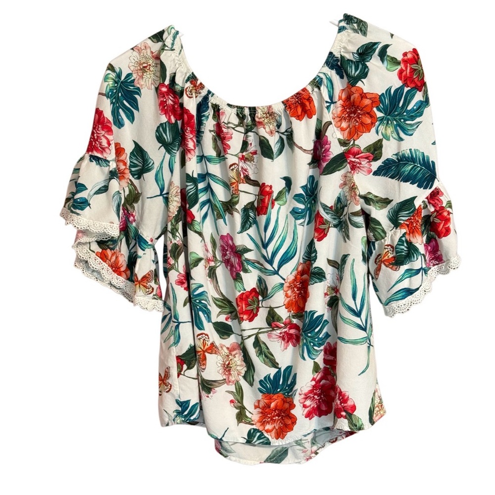 Vine & Love Floral Boho Peasant Top Off Shoulder Lace Sleeve Large - Picture 3 of 3